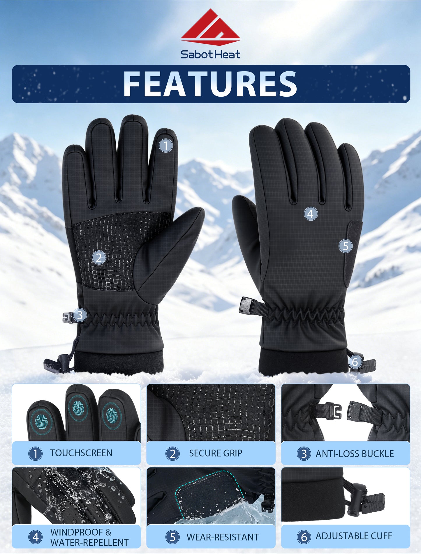 Sabotheat Winter Ski Gloves for Women Men, Windproof Thermal Warm Gloves with Touchscreen